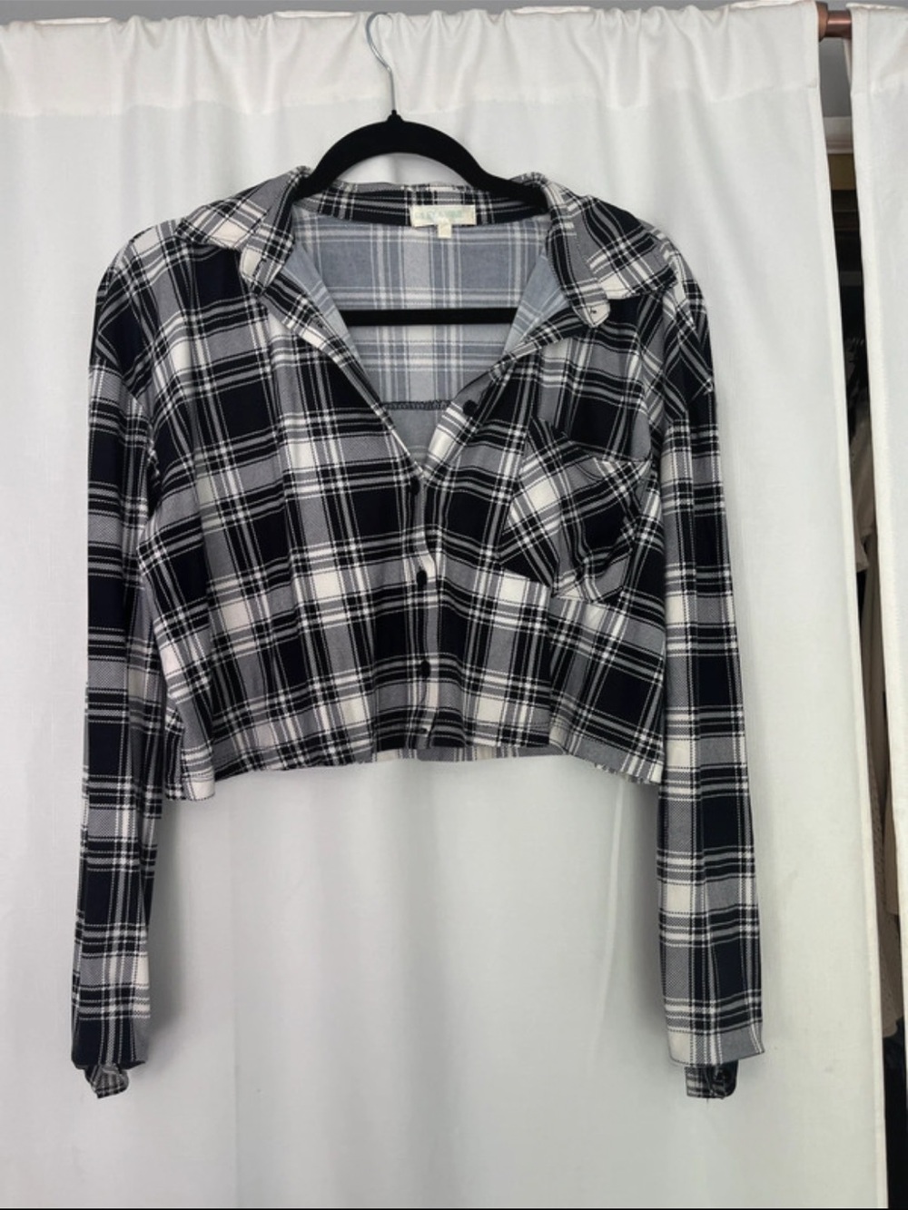 Black & White Plaid Cropped Button-Up Top